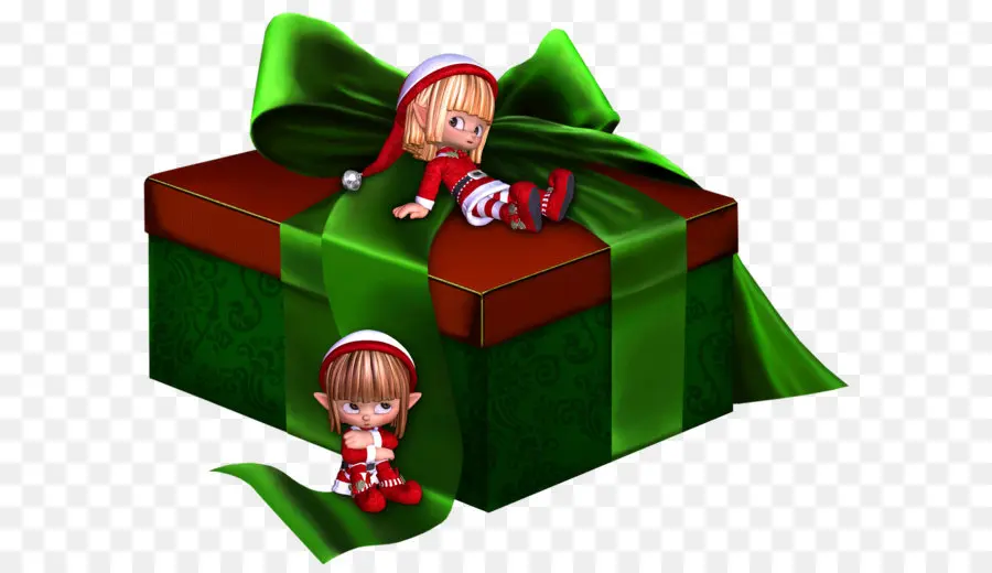 Caja De Regalo Verde Con Elfos，Cinta PNG