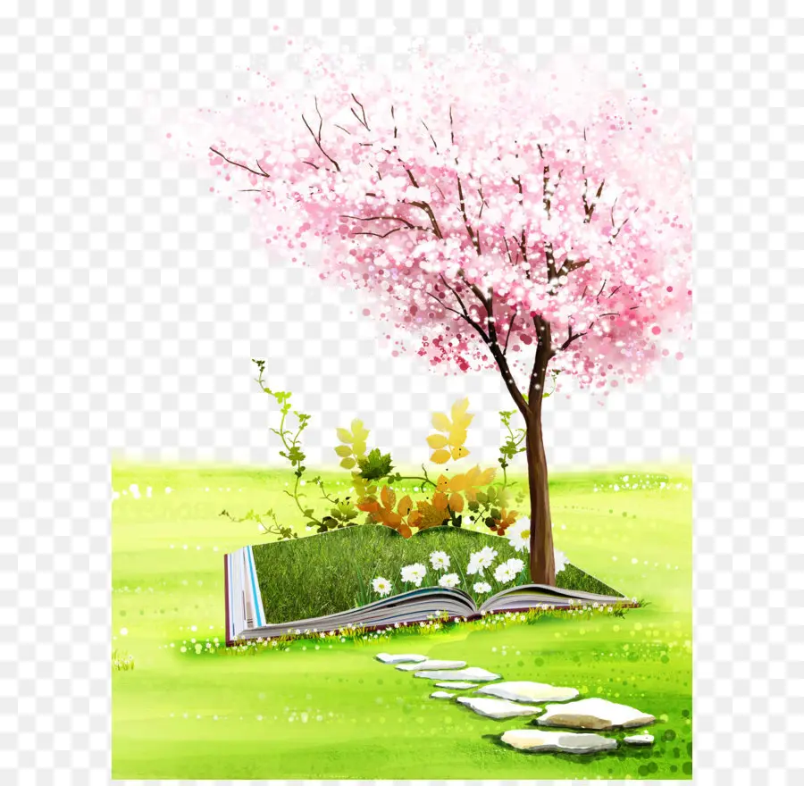 Árbol De Flor De Cerezo Rosa，Libro PNG