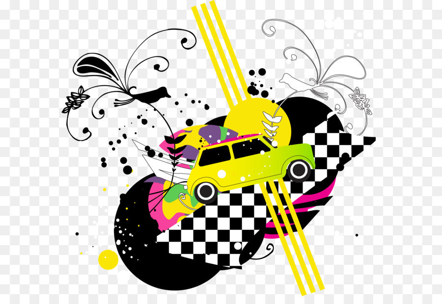 Coche Amarillo，Patrón A Cuadros PNG