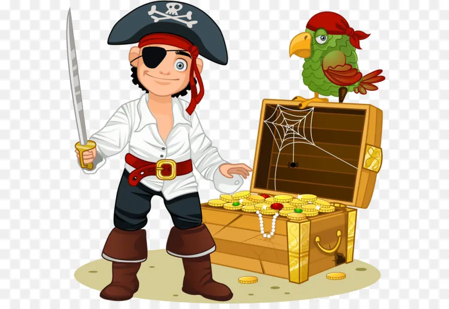 Pirata Con Cofre Del Tesoro，Loro PNG