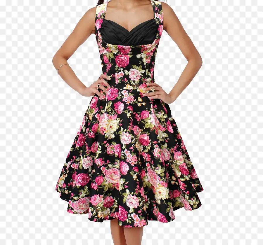 Vestido Con Print De Flores Negro，Estampado PNG