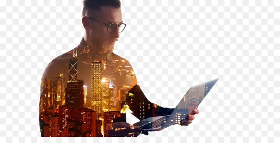 Hombre Con Computador Portatil，Paisaje Urbano PNG