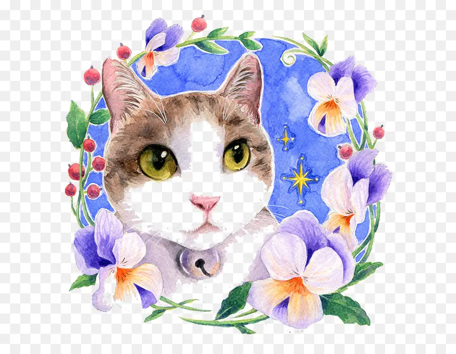 Gato Con Flores，Acuarela PNG