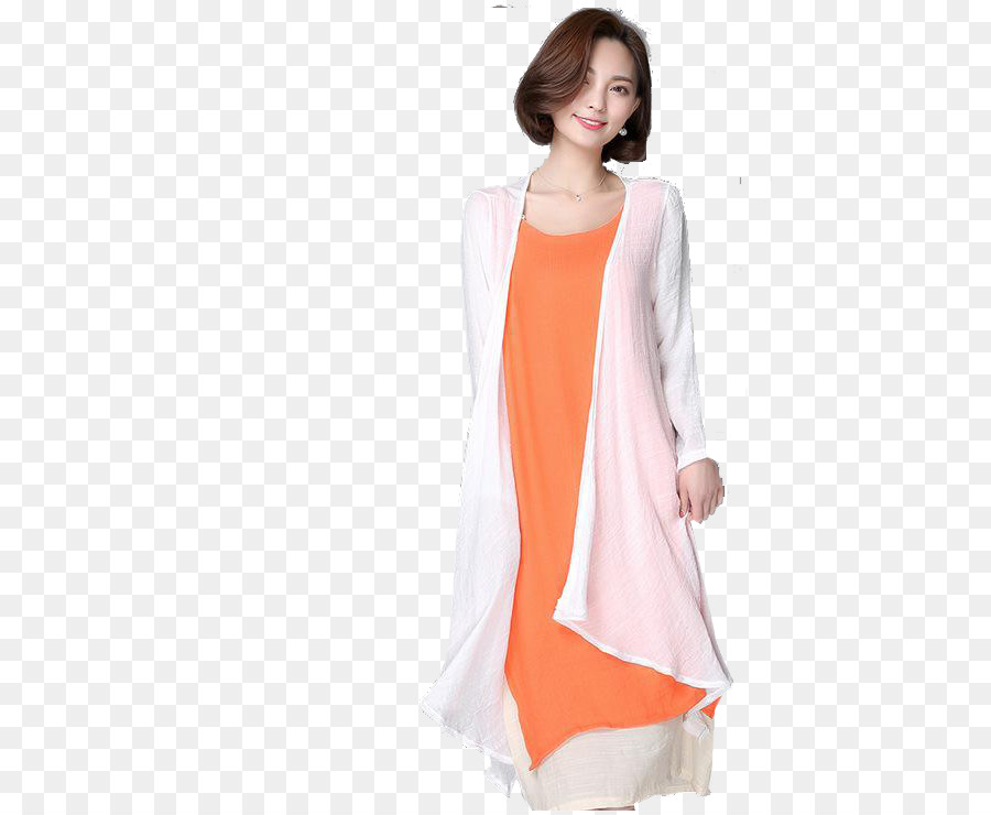 Vestido Naranja Con Cárdigan Blanco，Naranja PNG