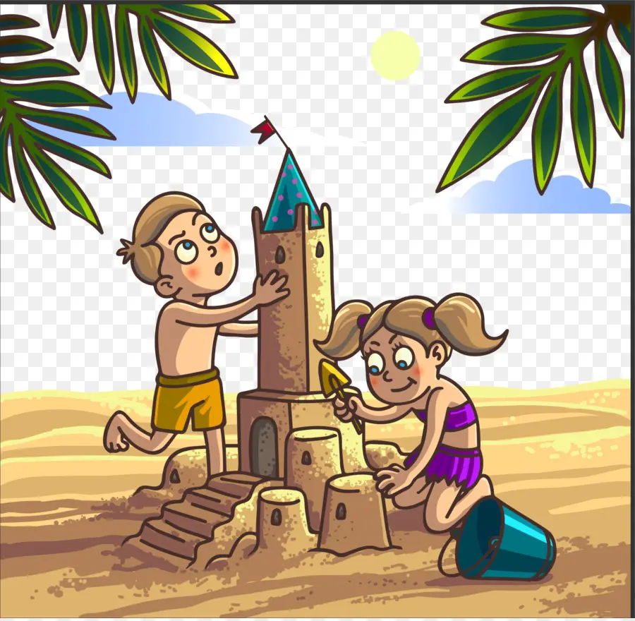 Niños Construyendo Castillos De Arena，Playa PNG