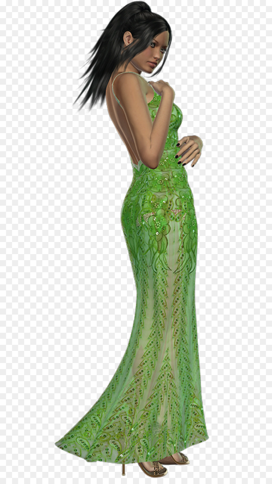 Mujer En Vestido Verde，Moda PNG