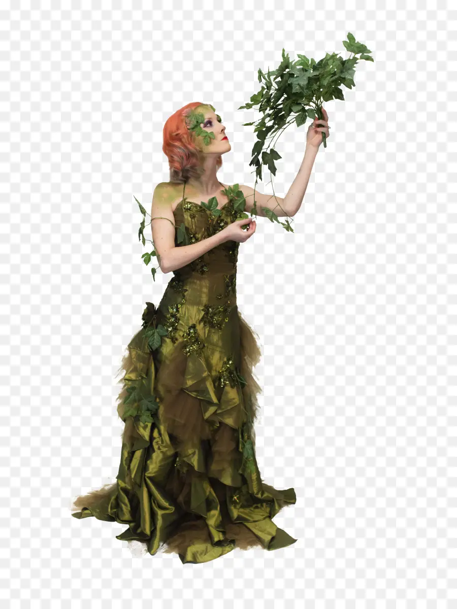 Mujer En Vestido Verde，Hojas PNG