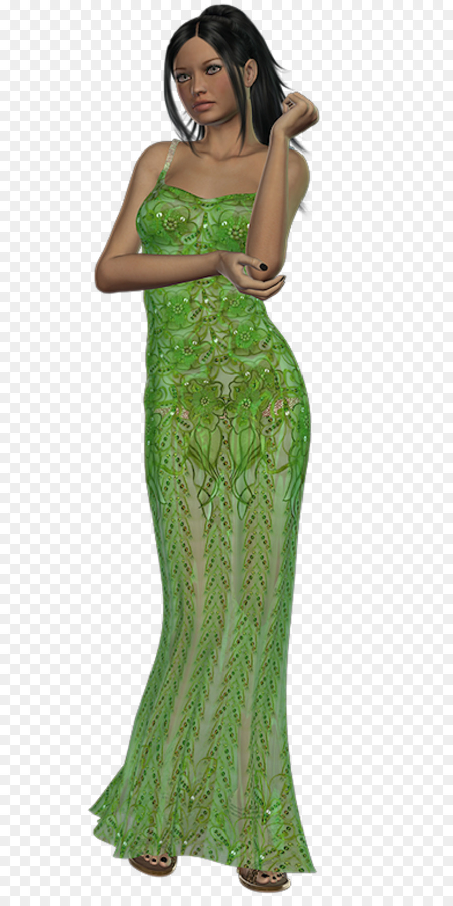 Mujer En Vestido Verde，Moda PNG