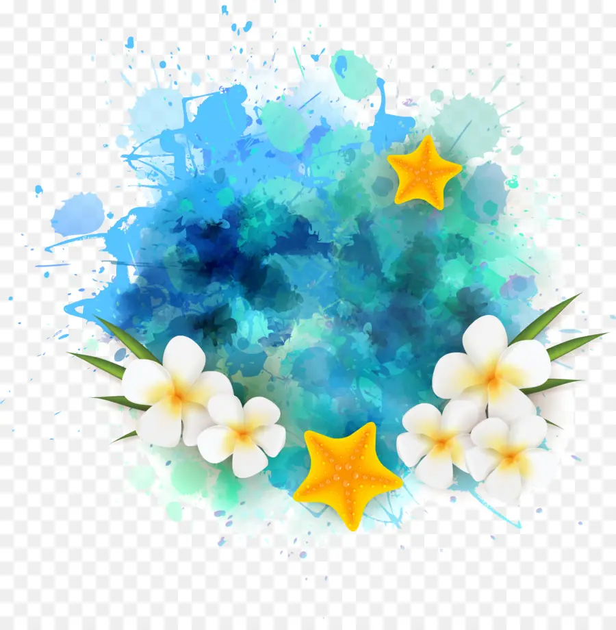 Estrellas De Mar Y Flores，Acuarela PNG