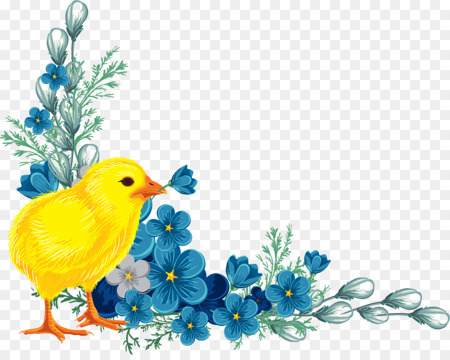 Pollito Amarillo，Flores Azules PNG