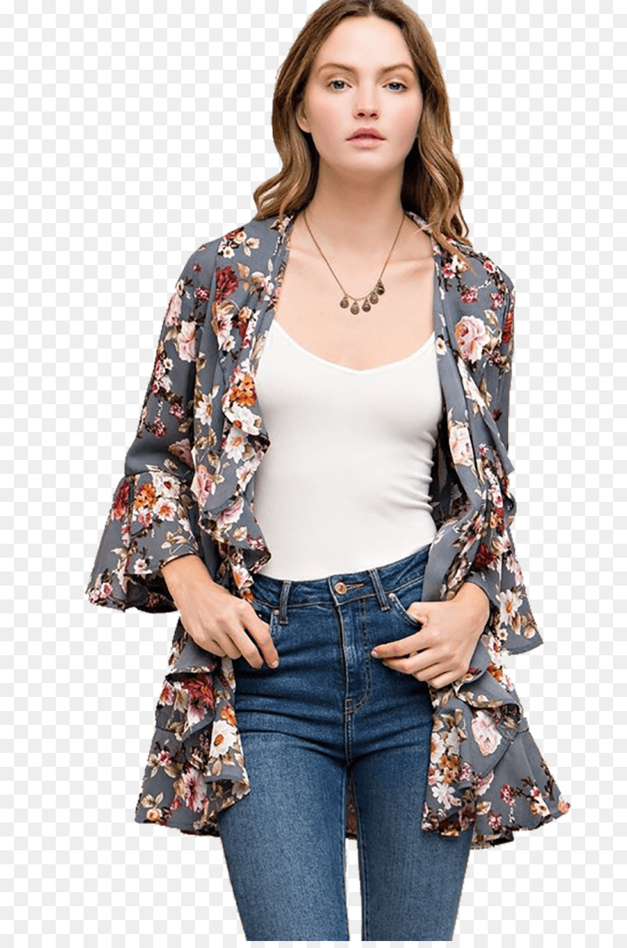 Mujer En Cardigan Floral，Ropa PNG