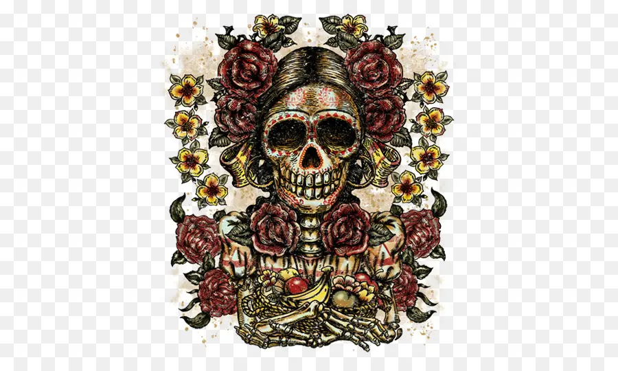 Calavera Decorada，Flores PNG