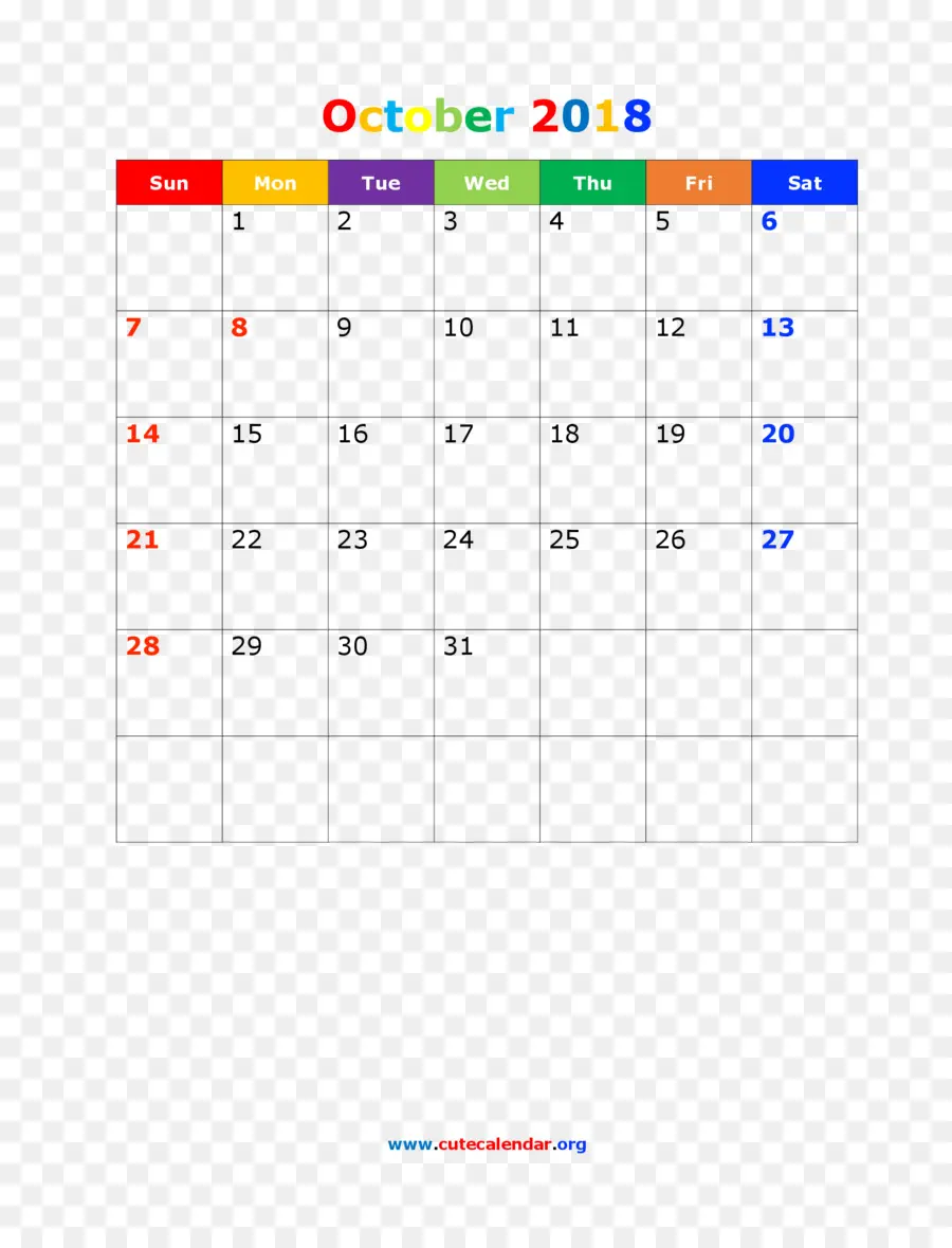 Calendario Octubre 2018，Fechas PNG