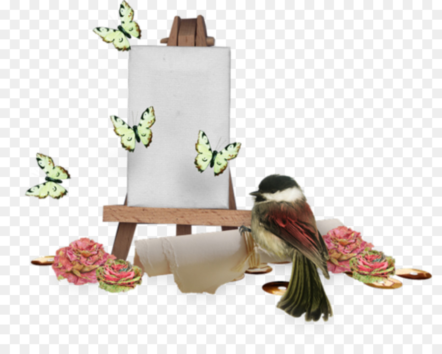 Caballete Con Pájaros Y Mariposas，Lienzo PNG