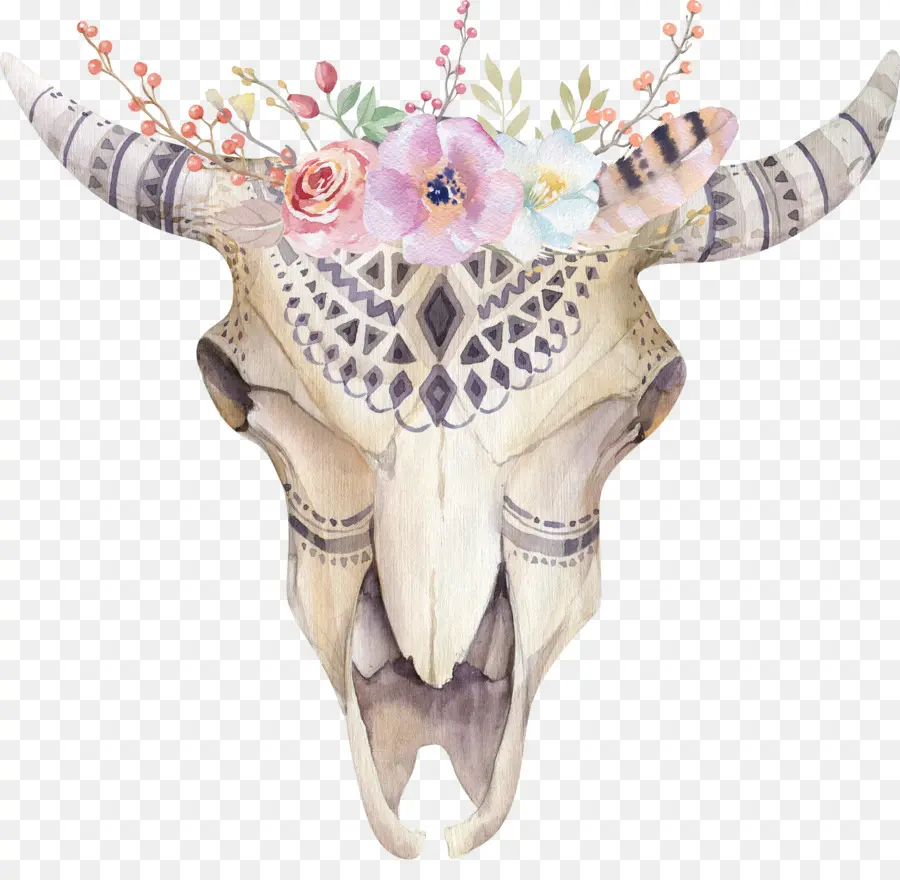 Calavera Decorativa Con Flores，Decoración PNG