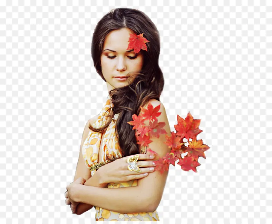 Mujer Con Hojas De Otoño，Hojas PNG