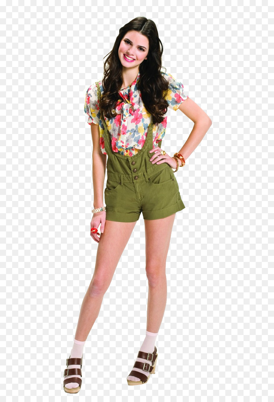 Mujer Con Blusa Floral Y Pantalones Cortos Verdes，Moda PNG