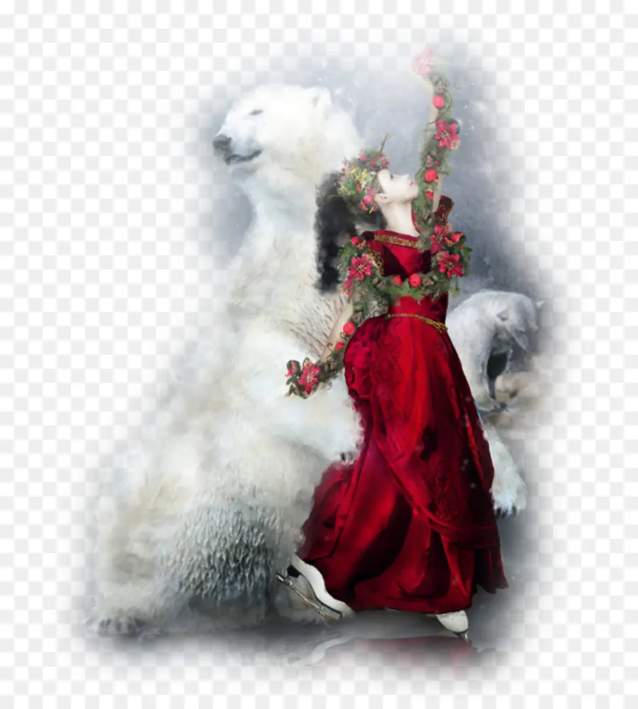 Oso Polar Y Mujer，Vestido Rojo PNG