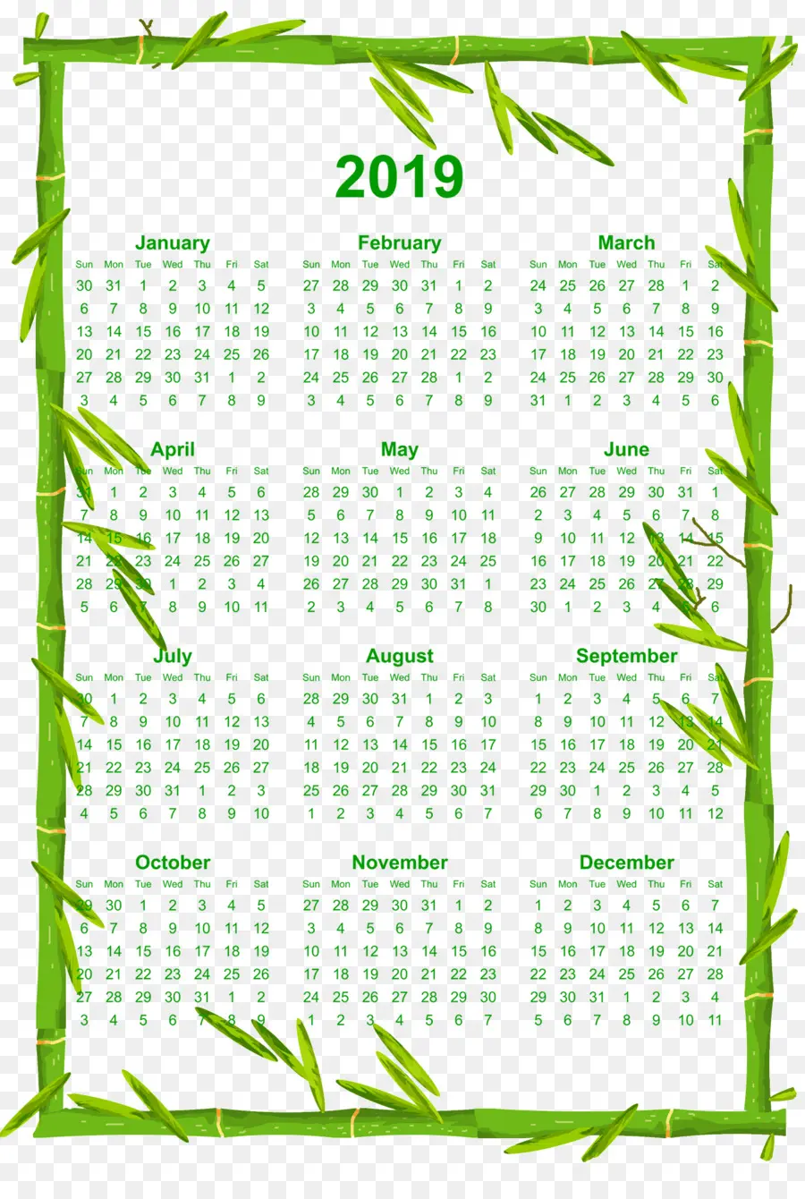 Calendario 2019，Verde PNG