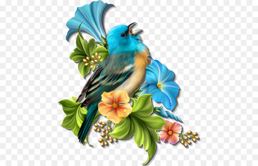 Pájaro Y Flores，Azul PNG