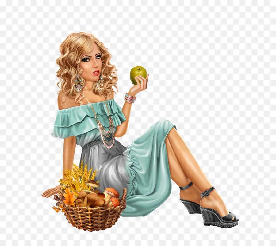 Mujer Con Manzana，Cesta PNG