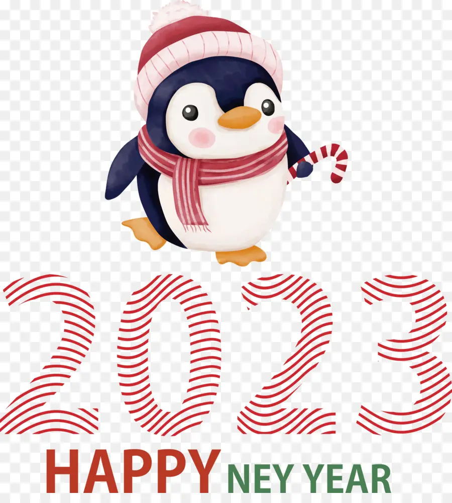 2023 Feliz Año Nuevo，Pingüino Con Bastón De Caramelo PNG