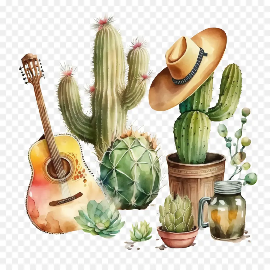 Cinco，Cactus Tocando La Guitarra PNG