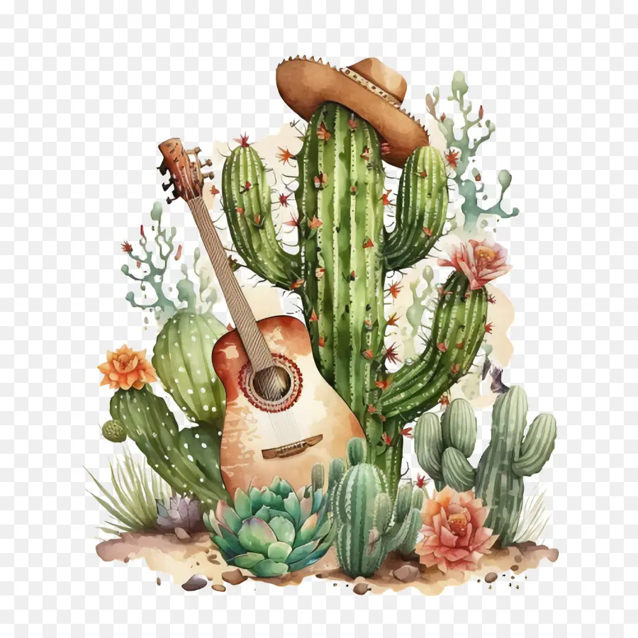 Cinco，Cactus Tocando La Guitarra PNG