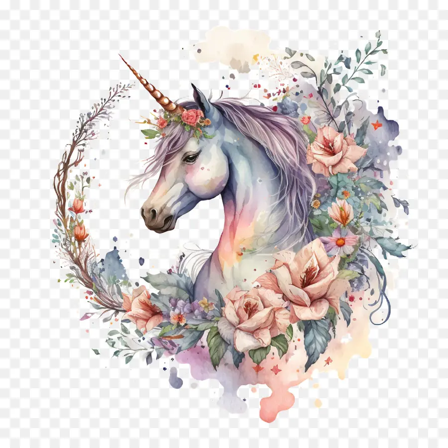 Acuarela Unicornio，Acuarela De Flores PNG