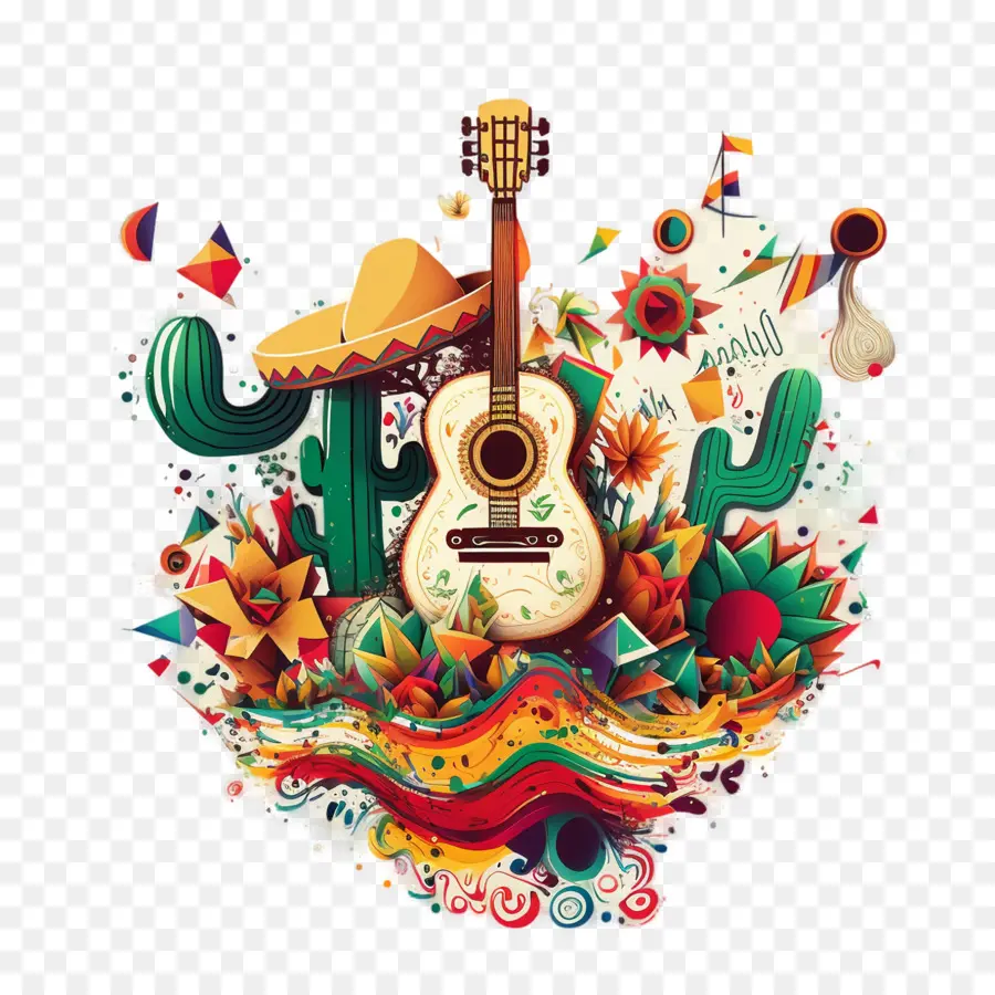 Cinco De Mayo，Guitarra Y Cactus PNG