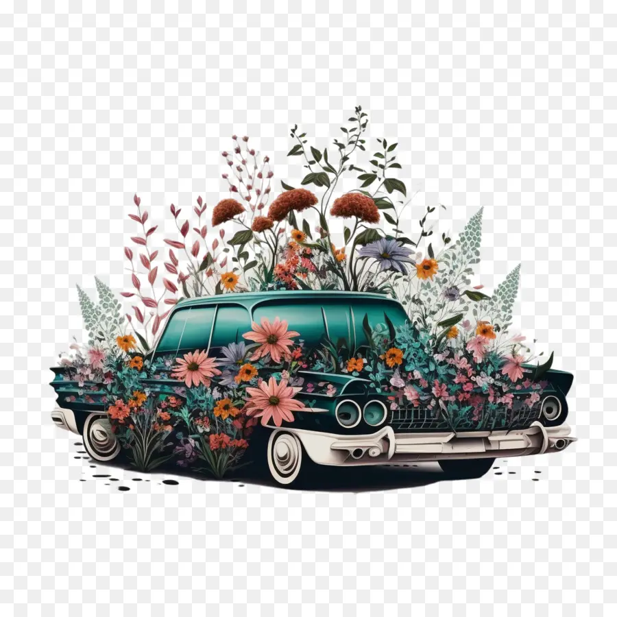 Coche Retro，Retro Flores PNG