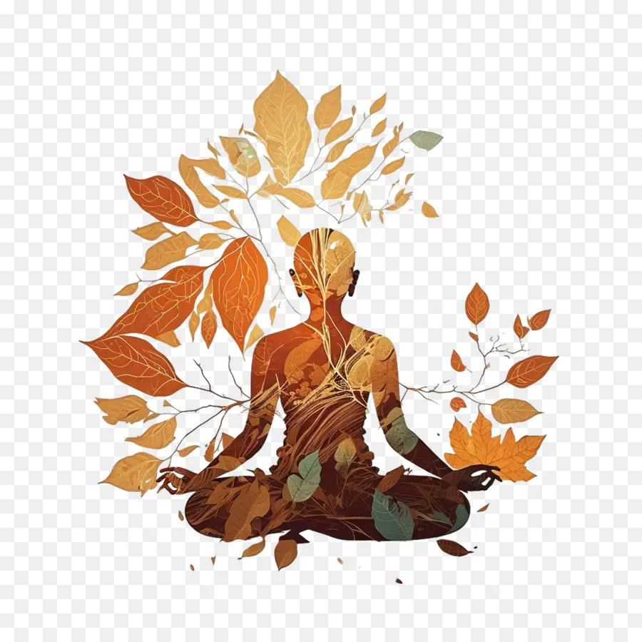 Día Internacional Del Yoga，Figura Meditando Con Hojas PNG