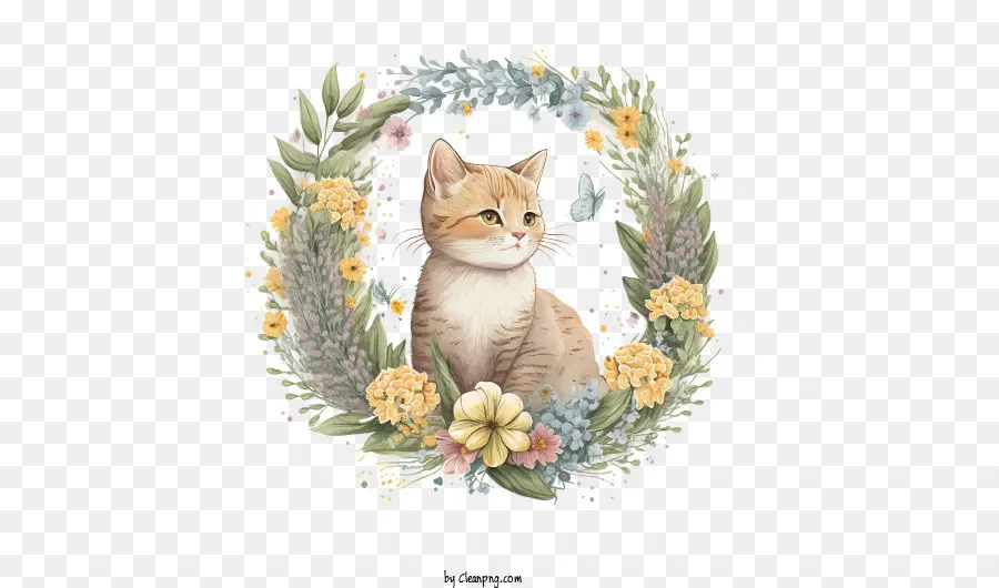 Lindo Gato，Corona De Flores PNG