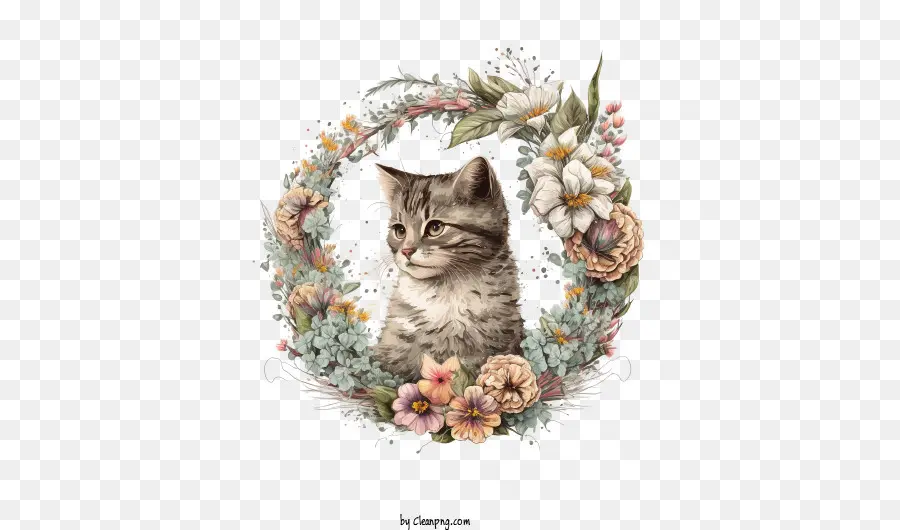 Lindo Gato，Corona De Flores PNG