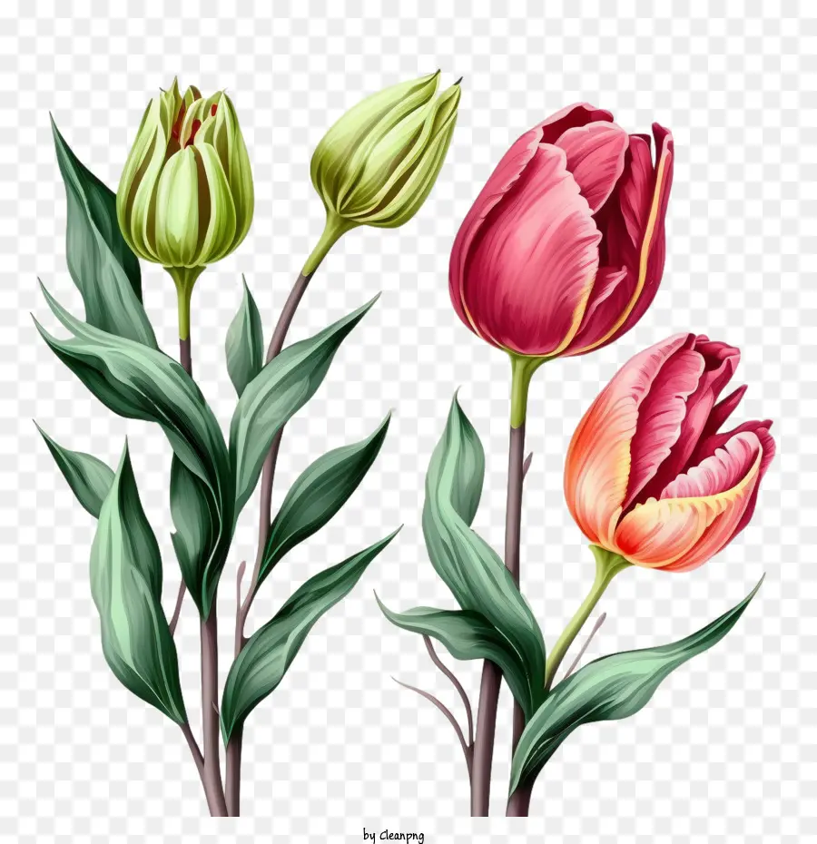 Tulipanes Dibujados A Mano，Las Ramas De Los Tulipanes Hojas PNG