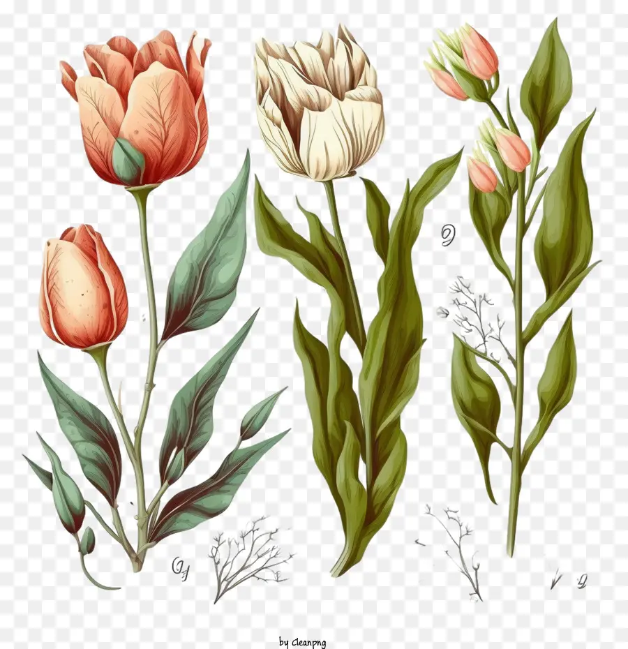 Tulipanes Dibujados A Mano，Las Ramas De Los Tulipanes Hojas PNG