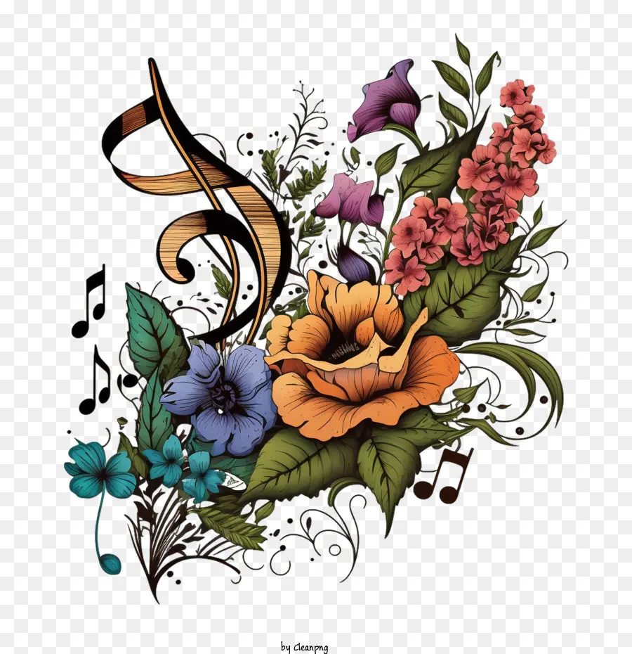 Nota De Música Con Flores，Nota Musical PNG