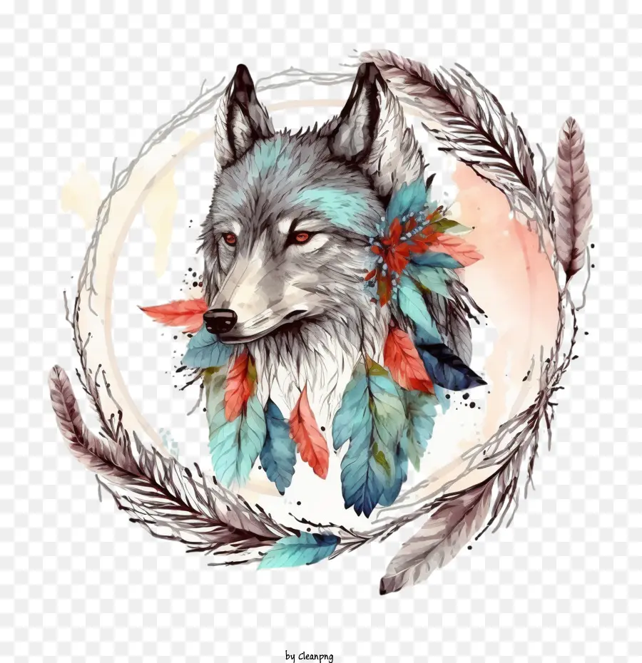 Lobo Acuarela，Lobo Con Plumas PNG