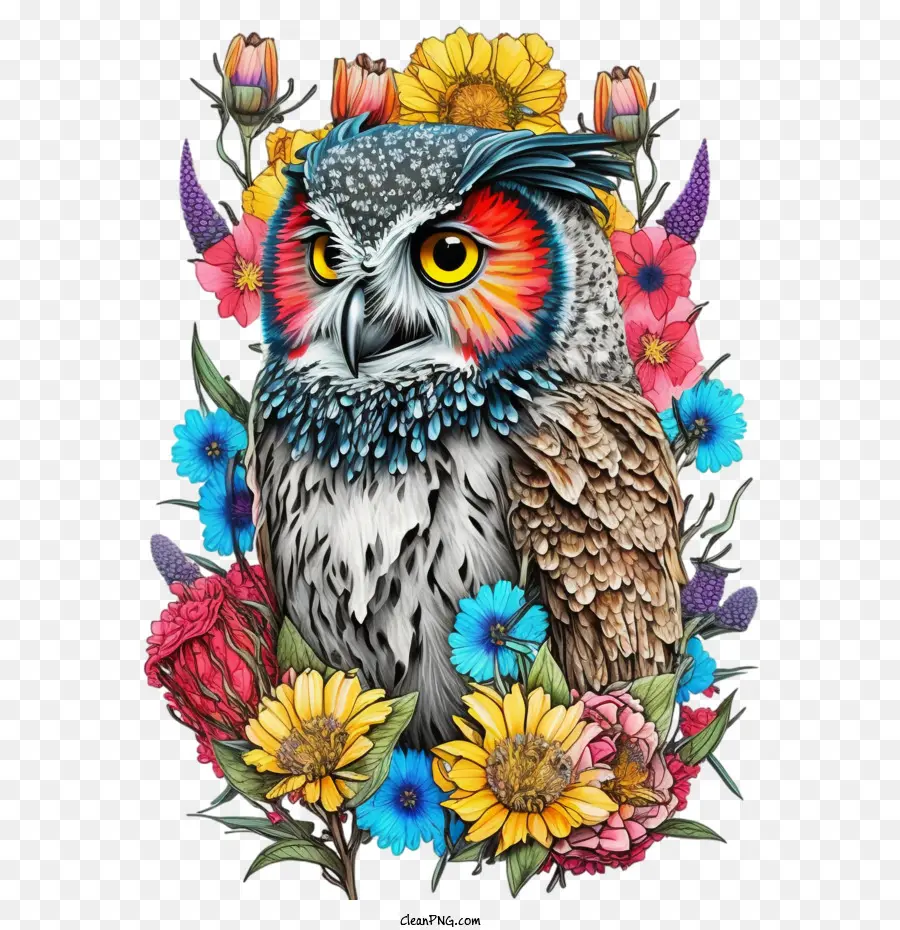 Pop Art Owl，Búho Con Flores PNG