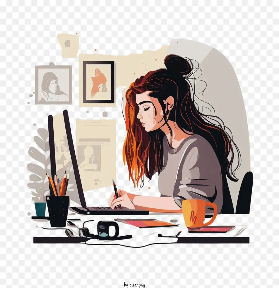 Trabajando En La Computadora，Mujer Dibujo PNG