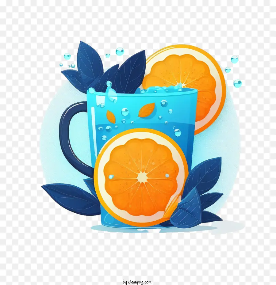 Zumo De Naranja，Rodajas De Naranja Y Taza Azul PNG