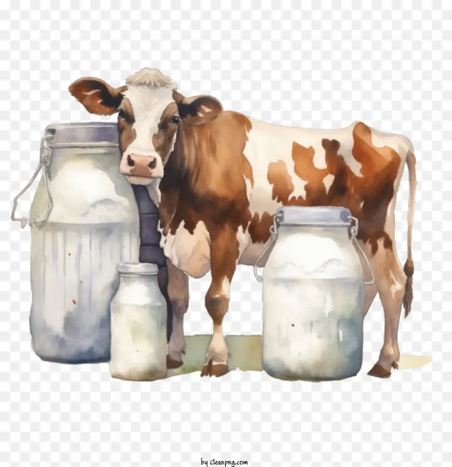 Acuarela De La Vaca，Botellas De Leche PNG