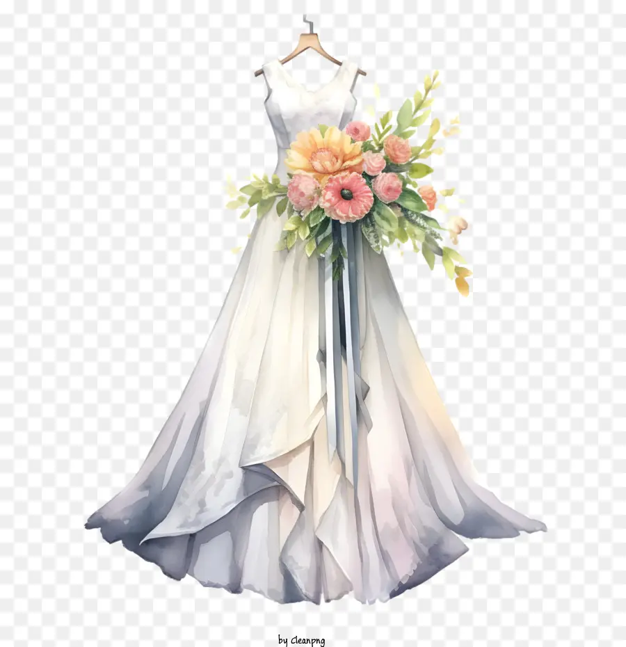 Vestido De Novia，Ramo De Flores PNG