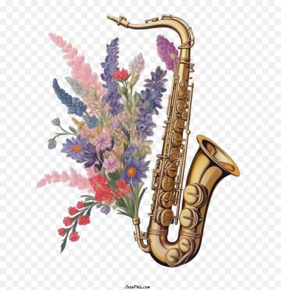 Saxófono，Saxofón Con Flores PNG