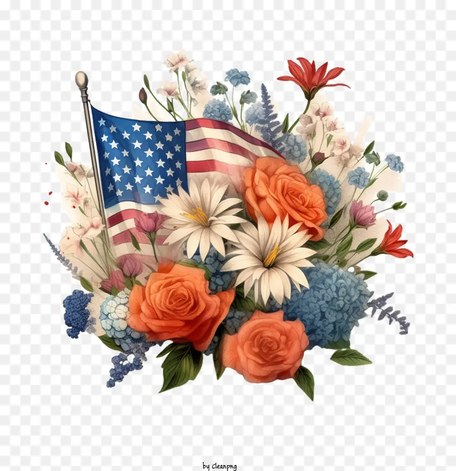 Día De Los Caídos，Bandera Americana Con Flores PNG