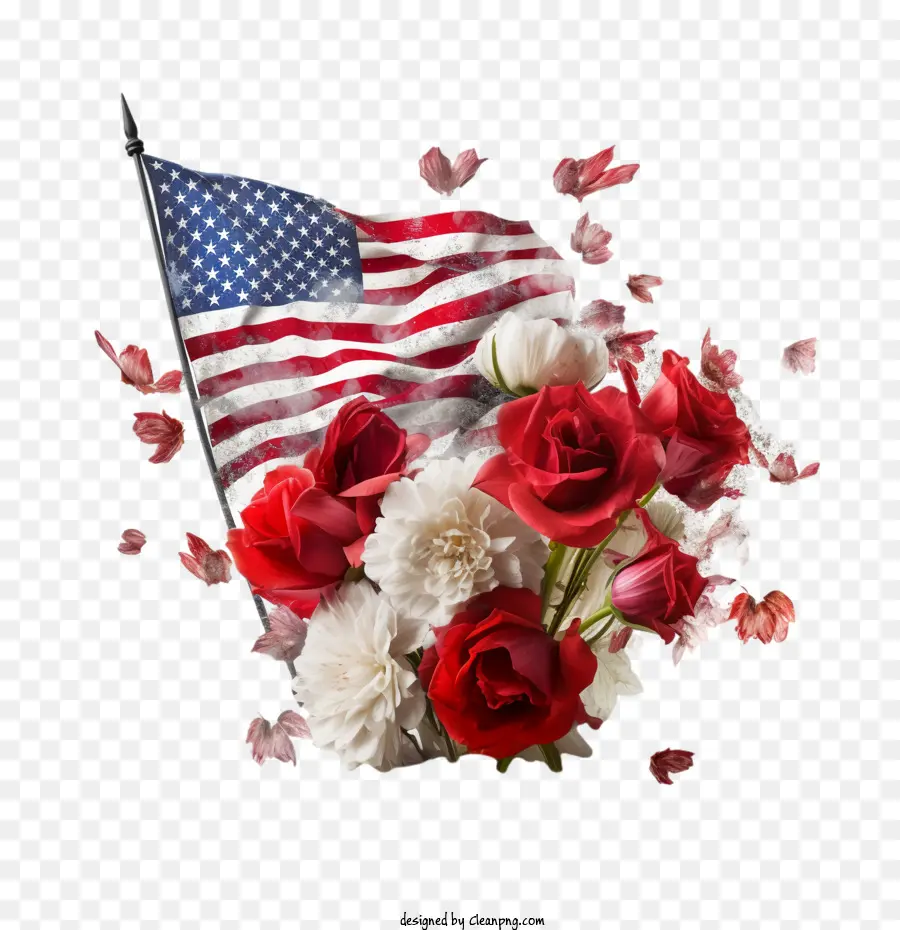 Día De Los Caídos，Bandera Americana Con Flores PNG