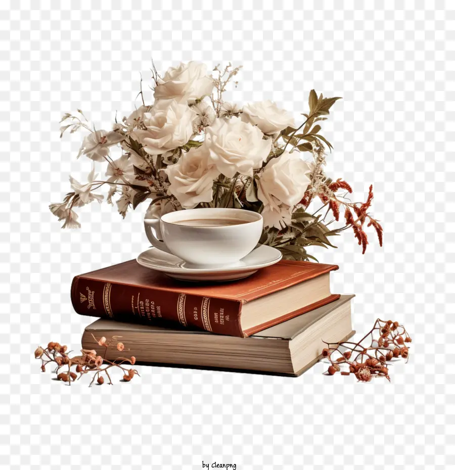 Café，Libros Con Té Y Flores PNG