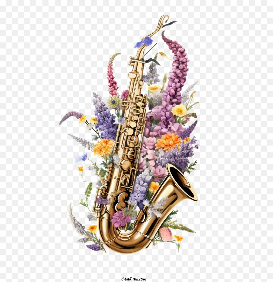 Saxófono，Saxofón Con Flores PNG