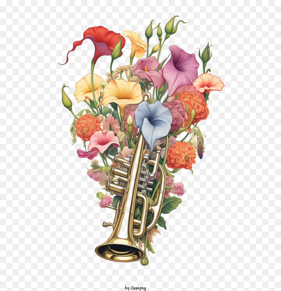 Trompeta，Saxofón Con Flores PNG