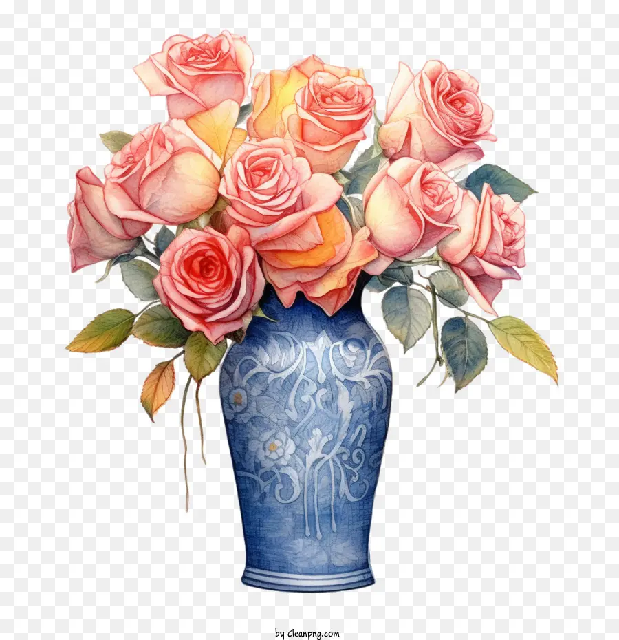 Jarrón Azul，Rose Bouquet PNG